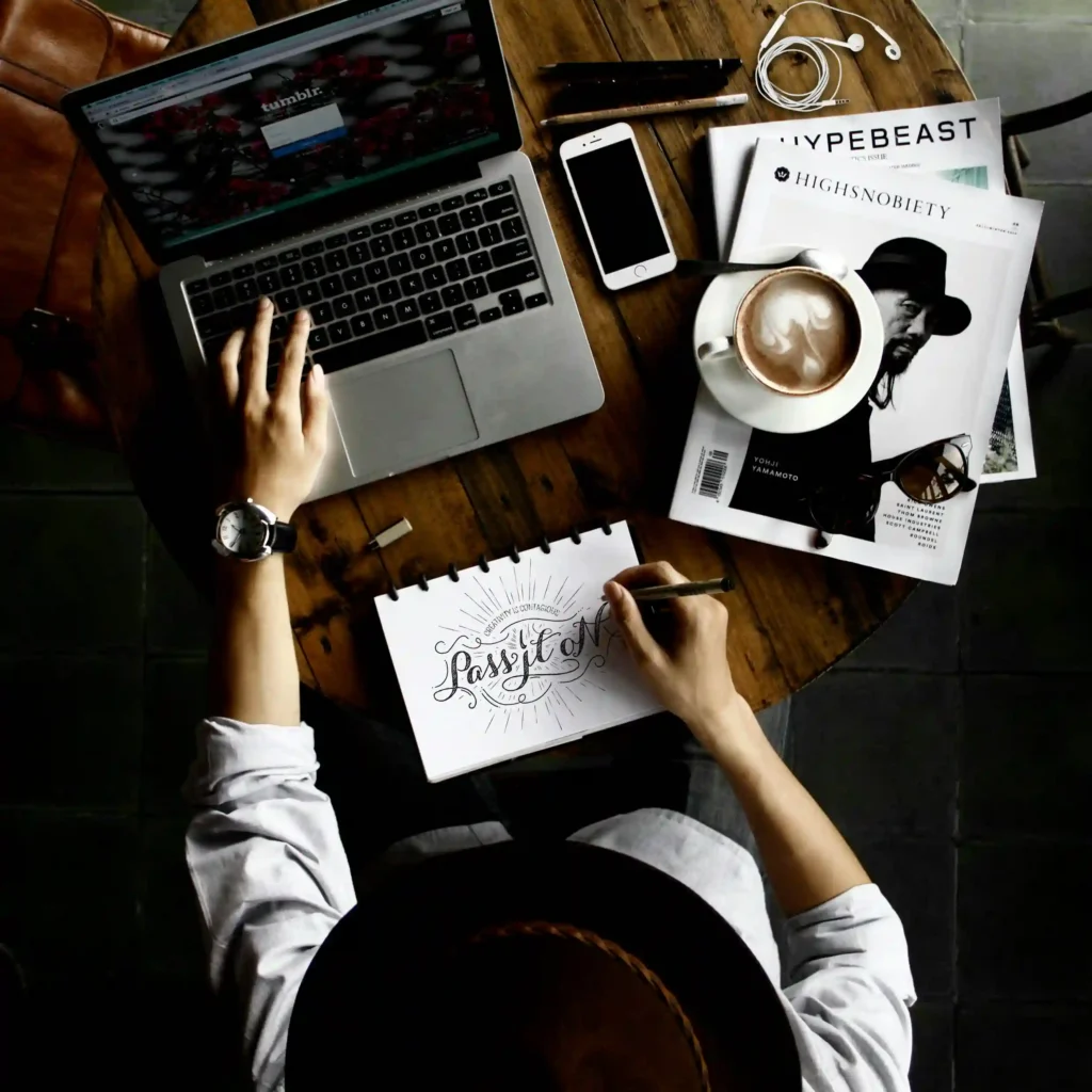 top digital marketing strategist in kerala This image beautifully captures a stylish, creative workspace with a cozy and artistic vibe.  